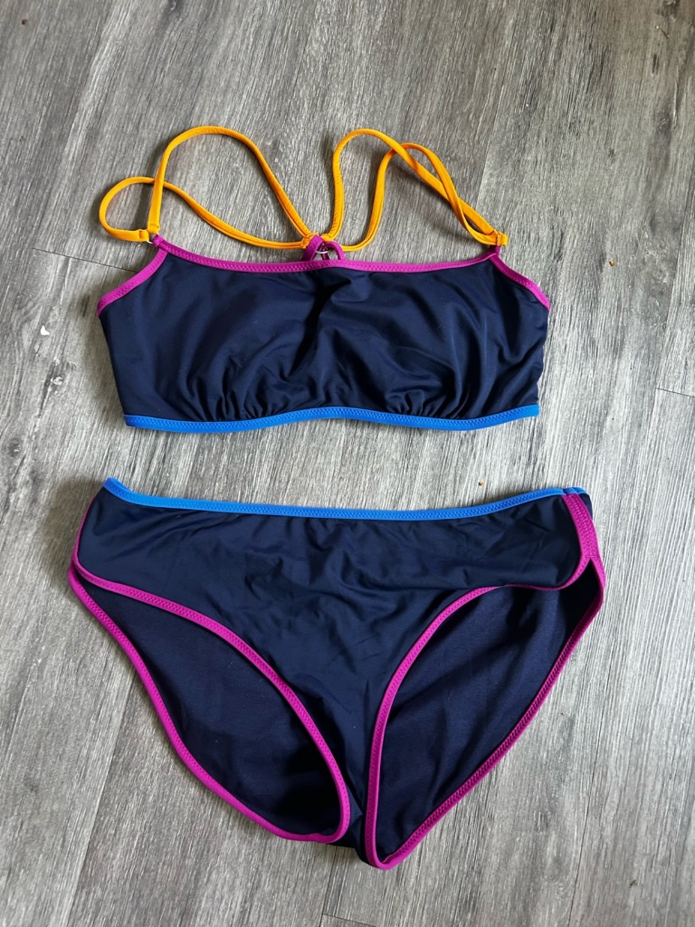 Athleta Navy Bikini Set with Pink, Blue & Yellow Trim